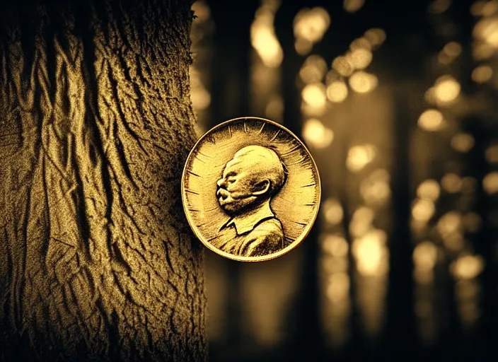 Image similar to old retro burnt out sepia photograph with scratches of an old and wrinkled man biting into a golden coin with his teeth. magical forest in the background with bokeh. Antique. High quality 8k. Intricate. Sony a7r iv 35mm. Award winning.