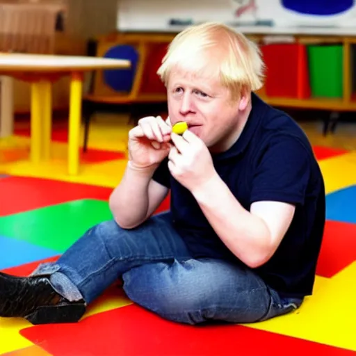 Image similar to Boris Johnson eating crayons while sitting on kindergarten puzzle floor, full body