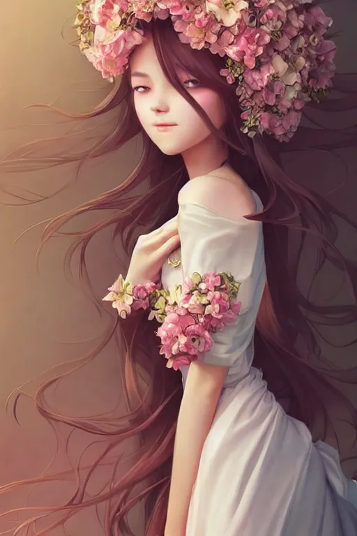 Image similar to romantic and fashion and love princess of the flower with sheath dress, 8 k realistic, teenager girl, baroque, symmetrical, flowing hair, smile, trending pinterest and pixiv, muted colors, hyperrealistic, l close up shot, character concept art, face by kyoung hwan kim, alexandra fomina, ilya kuvshinov