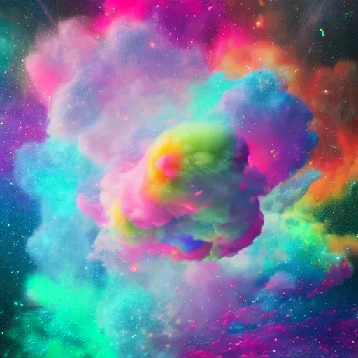 Prompt: whimsical cotton candy, rainbow colors, swirling smoke, starfield, nebula, iridescent, holographic, psychedelic, photoreal, octane render, 4k, award winning, trending on artstation