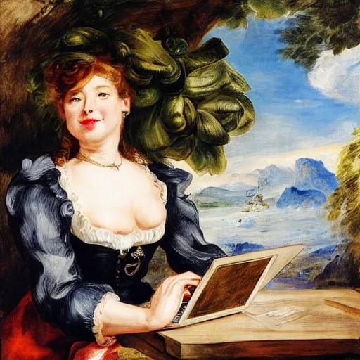 Image similar to heavenly summer sharp land sphere scallop well dressed lady working on her laptop while drinking a starbucks coffee, auslese, by peter paul rubens and eugene delacroix and karol bak, hyperrealism, digital illustration, fauvist