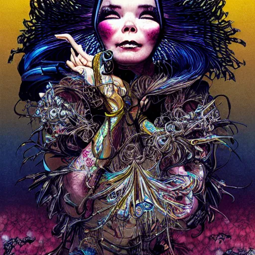 Image similar to portrait of crazy beautiful singer bjork, ymmetrical, by yoichi hatakenaka, masamune shirow, josan gonzales and dan mumford, ayami kojima, takato yamamoto, barclay shaw, karol bak, yukito kishiro