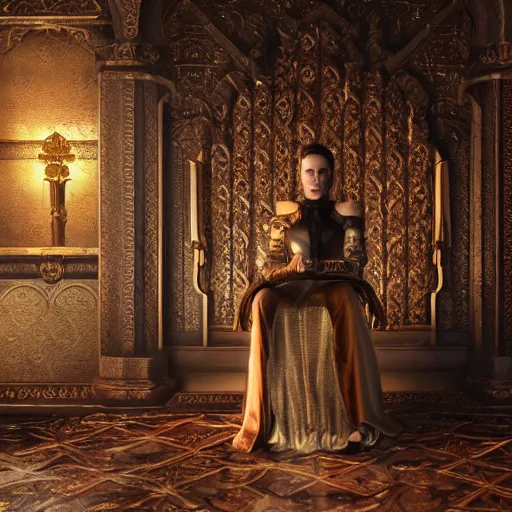 Prompt: the elder scrolls vi, charismatic!!! regal!!! brunette female jarl, portrait, throne room, atmospheric lighting, painted, intricate, volumetric lighting, beautiful, daytime, sunny weather, slight overcast, sharp focus, deep colours, ultra detailed, by leesha hannigan, ross tran, thierry doizon, kai carpenter, ignacio fernandez rios