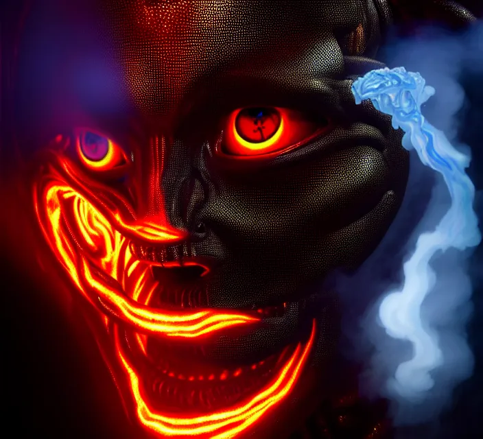 Image similar to A Demon made out of smoke with fiery eyes in holograms of alien artifacts, electrical case display, total recall tech, , ultrarealistic, dramatic lighting, electrical details, high details, 4k, 8k, best, accurate, trending on artstation, artstation, photorealism, ultrarealistic, digital painting, style of Tristan Eaton Stanley Artgerm and Hajime Sorayama, Caravaggio, Boris Vallejo