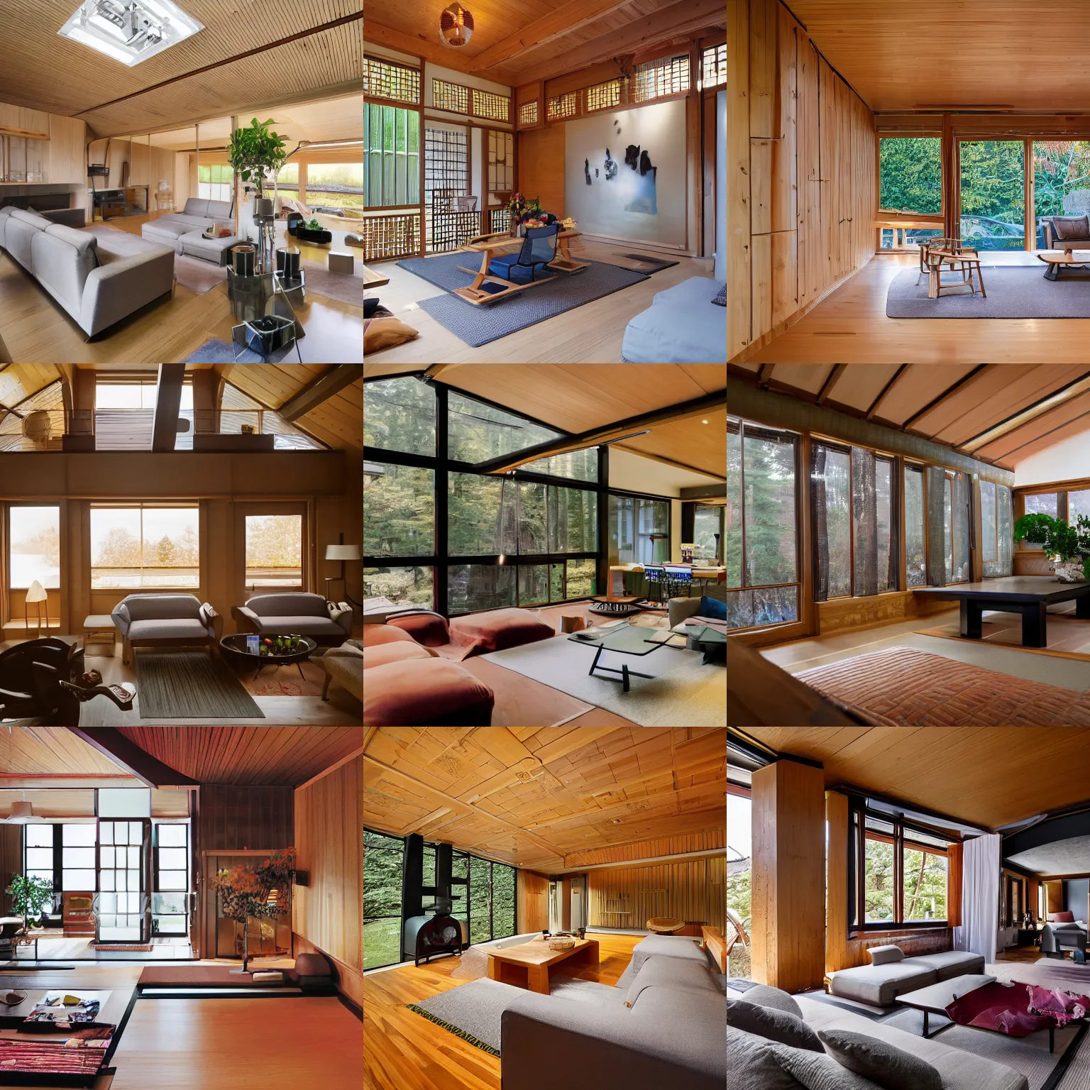 Prompt: full interior view photo of modern fully japanese livingroom in a luxurious wooden cottage, busy with floral arrangements, designer furnitures, architecture photography by alvar aalto, telephoto lens, canon rf 8 0 0 mm f / 5. 6 l