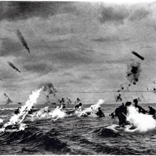 Image similar to the running soldiers in the sea in the d - day, by robert capa,