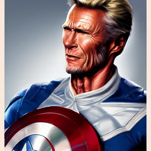 Image similar to full body concept art of Clint eastwood as Captain america, oil on canvas, in the style of J.C. Leyendecker, Ross Tran and WLOP, 4k