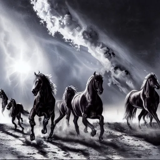 Prompt: hyper realistic picture of the horsemen of the apocalypse decending the sky on the verge of human extintion, deep shadows, high contrast, ash atmospher, nuclear winter