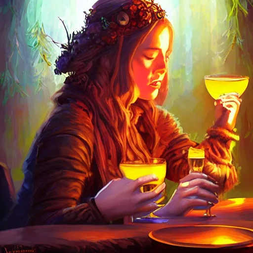 Image similar to female druid drinking at a table, irish, beautiful lighting, digital art, expressive oil painting, by Dan Mumford, by Artgerm, matte art