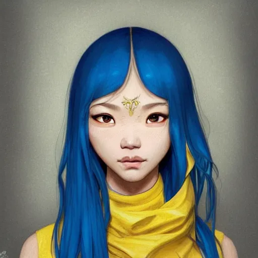 Image similar to filipino girl blue - yellow hair, metal plate, nasal strip, nose cast, intricate, elegant, highly detailed, my rendition, digital painting, artstation, concept art, smooth, sharp focus, illustration, art by artgerm and greg rutkowski and alphonse mucha and uang guangjian and gil elvgren and sachin teng, symmetry!!