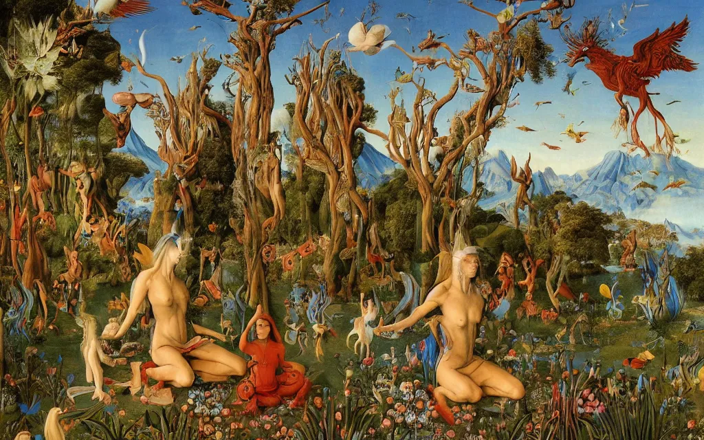 Image similar to a photograph of a meditating centaur shaman and a harpy mermaid feeding animals. surrounded by bulbous flowers, animals and a few trees. river delta with mountains and cliffs under a blue sky full of burning stars and birds. painted by jan van eyck, max ernst, ernst haeckel, ernst fuchs and artgerm. trending on artstation