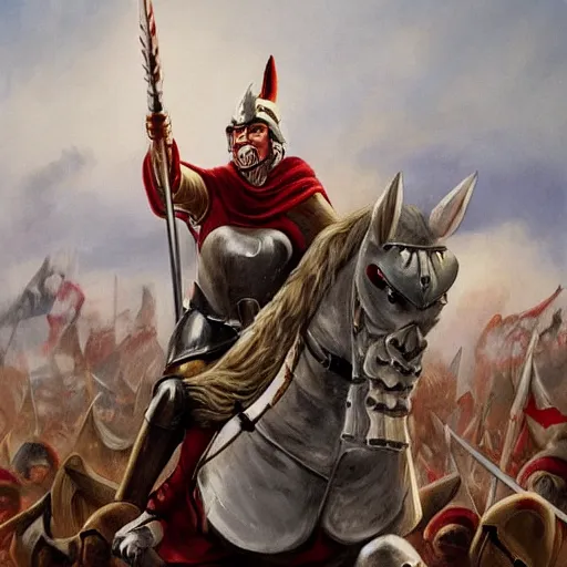 Image similar to trump as a viking, crusader times, bloody, epic painting