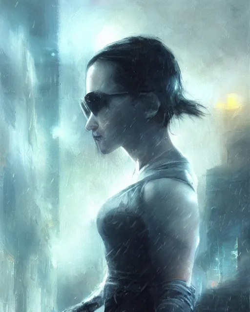 Prompt: battle hardened, overpowering, pragmatic, charismatic character from the matrix, face centered portrait, confident, ruined cityscape, sterile minimalistic room, architecture, fog, volumetric lighting, illustration, perfectly shaded, greenish tinge, cold lights soft painting, art by krenz cushart and wenjun lin