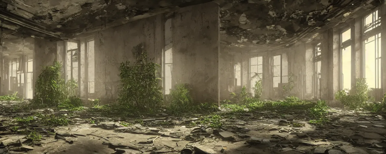 Image similar to interior of a building in an abandoned Manila, light pouring through one tiny window, deserted and decaying concrete, vines growing on the walls, plants sprouting from the floor, unreal engine 5, raytracing, trending on artstation, 8k