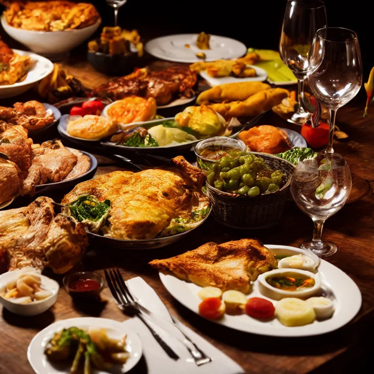 Prompt: close - up focused dslr photograph of an french guianan dinner, 8 k, high detail, volumetric lighting, hyperrealism, aesthetically pleasing, studio lighting, trending