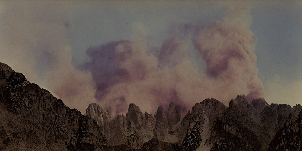 Prompt: 1 9 2 0 s color spirit photography of alpine sunrise in the dolomites, smoke from mountains, by william hope, dark, eerie, grainy