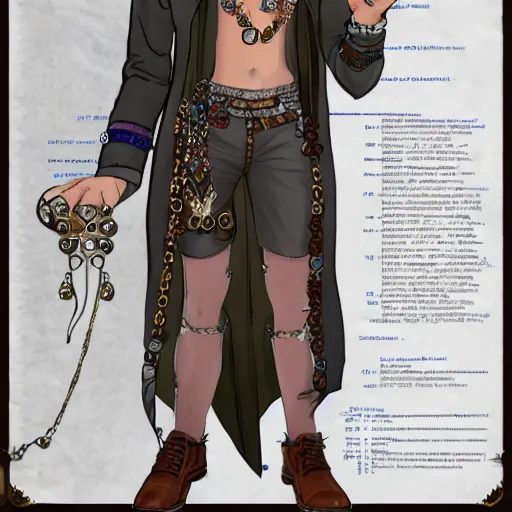 Prompt: a character final draft sheet of a handsome young man wearing excessive jewelry in a tasteful way