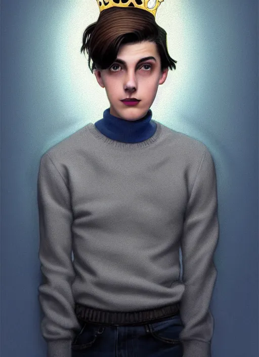 Image similar to portrait of teenage jughead jones wearing a light grey crown, crown, blue turtleneck, 1 9 5 0 s, closed eyes, photorealistic, black hair, glowing lighting, intricate, elegant, glowing lights, highly detailed, digital painting, artstation, concept art, smooth, sharp focus, illustration, art by wlop, mars ravelo and greg rutkowski