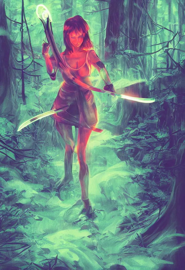 Image similar to , woman with illuminated neon katana in the forest at night, closeup , digital effects fantasy ,digital art, illustration, award winning, professional, stylized, cel shaded