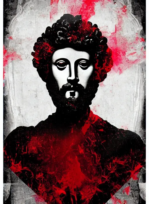 Image similar to design poster showing a statue of marcus aurelius, black background with very subtle red and purple design elements, powerful, nekro, graphic design, collage art, thin lines, dark, glitch art, neo vaporwave, gritty, layout frame, square, trending on artstation