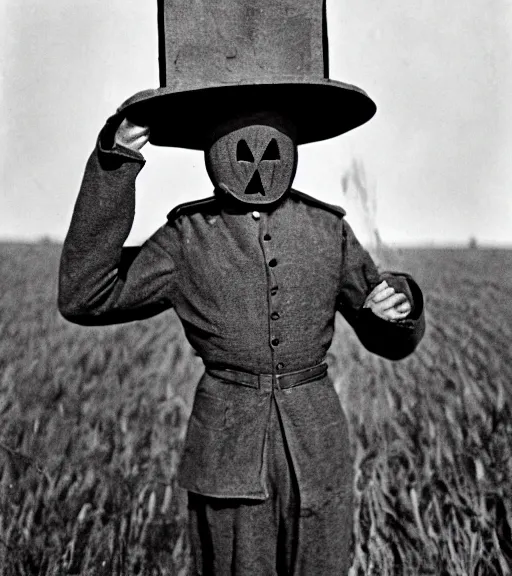 Image similar to a man at wearing a full head scarecrow mask in distance, ww1 film photo, grainy, high detail, high resolution