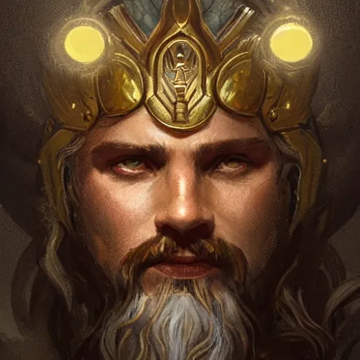 Image similar to ''face portrait of zeus with lighting eyes, greek mythology, greece, fantasy, dungeons and dragons, d & d, digital painting, artstation, concept art, sharp focus, illustration, art by greg rutkowski and alphonse mucha''