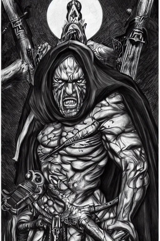 Image similar to Danny Trejo as church nun, dark fantasy, highly detailed, artstation, manga illustration by Kentaro Miura berserk