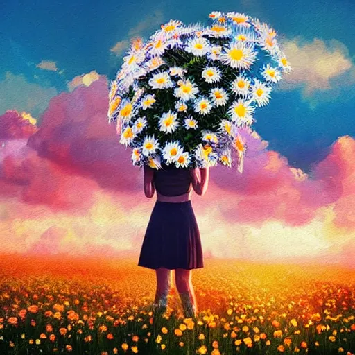 Image similar to girl with a giant daisies head, surreal photography, flower field, sunset dramatic light, impressionist painting, colorful clouds, blue sky, digital painting, artstation, simon stalenhag