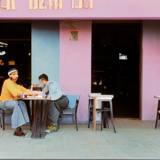 Prompt: a photo of a man sitting outside a restaurant, he is holding a computer, his friend is offering him a beer, pastel background colours and square lighting structures in the background. 2 0 0 mm, bokeh, kodak ektar 1 0 0, portrait photography,