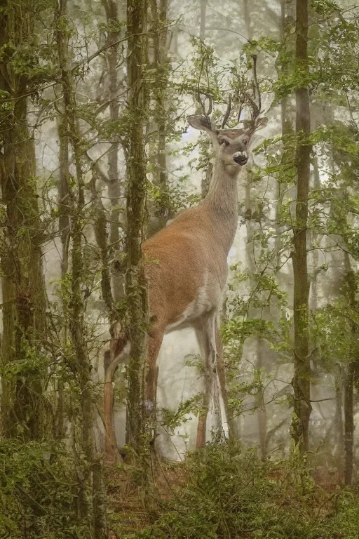 Image similar to a close up of a white - eyed deer, background of a landscape misty forest scene, the sun glistening through the trees