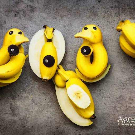 Image similar to professional photograph of banana ducks, peeled bananas with googly eyes and duck beaks