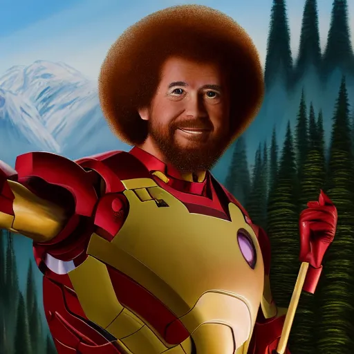 Image similar to a closeup photorealistic photograph of bob ross holding a paintbrush and diligently finishing a canvas painting of iron man. mountains and trees. film still. brightly lit scene. this 4 k hd image is trending on artstation, featured on behance, well - rendered, extra crisp, features intricate detail, epic composition and the style of unreal engine.