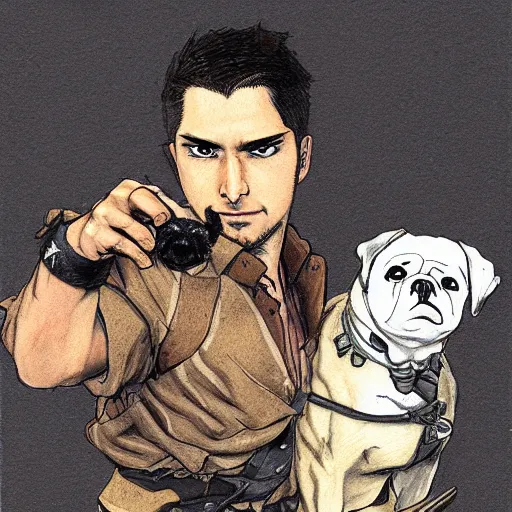 Image similar to self portrait, young white hispanic handsome man with short light brown hair and light skin and a 5 o clock shadow and holding a pug while fighting against 2 swordsmen pencil art, added detail, high definiton, colored, backfacing, illustrated by yoji shinkawa