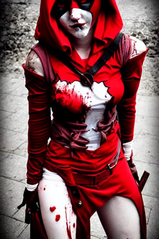 Prompt: red hood cosplay, creepy, disturbing, bloody, femenine body, grainy