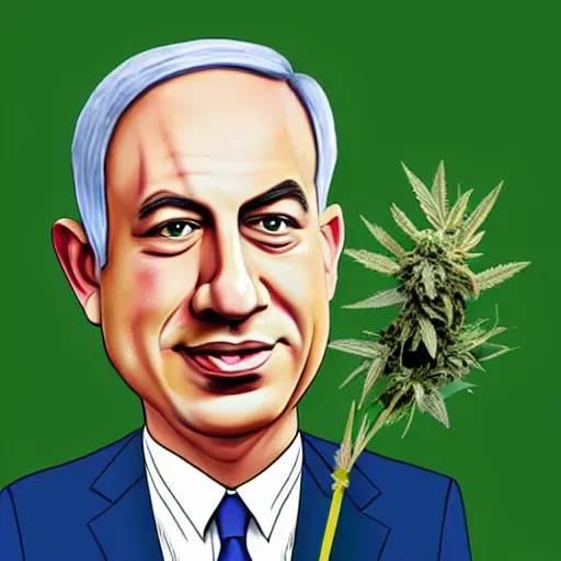 Prompt: a caricature of Benjamin Netanyahu holding a giant marijuana plant, detailed face, digital art, highly detailed