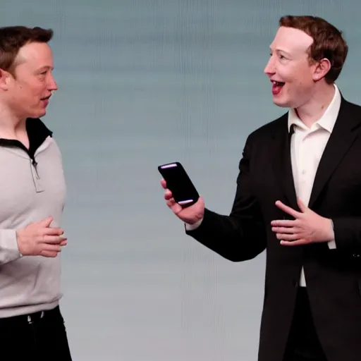 Prompt: elon musk and mark zuckerberg, one on each side, fighting over an iphone