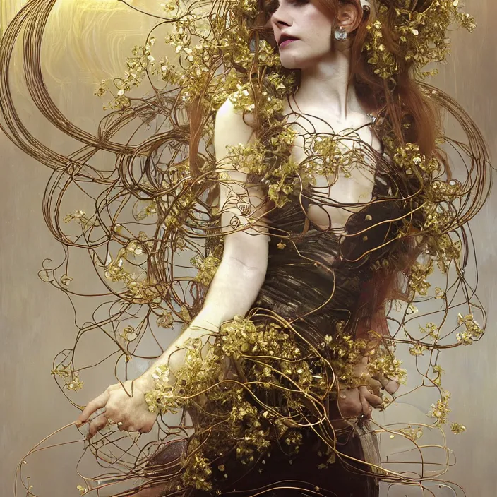 Prompt: hyperrealist portrait of a 2 0 4 4 space sport engineer, it is decorated with long gold and steel wires and white flowers that fall like vines and wears a huge computer crown. by jeremy mann and alphonse mucha, fantasy art, photo realistic, dynamic lighting, artstation, poster, volumetric lighting, dramatic light, very detailed faces, 8 k, award winning