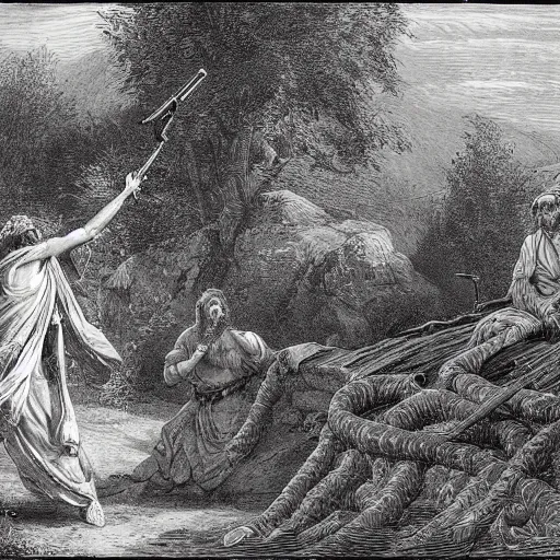 Image similar to Adam shooting the snake with an AK-47 in the heavenly gardens, biblical painting by Gustave Doré, black and white palette, detailed