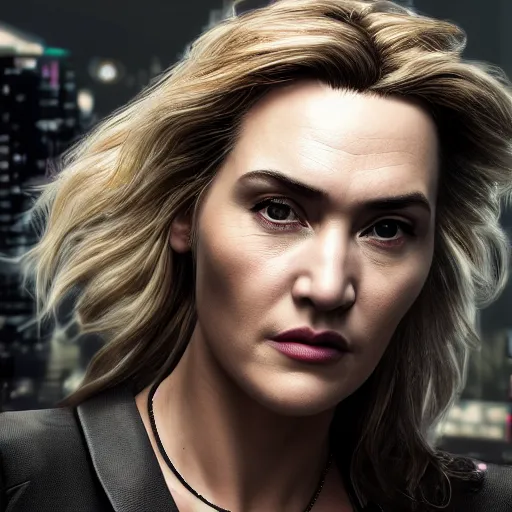 Prompt: kate winslet portrait, cyberpunk 2 0 7 7, cyberpunk judy alvarez, photorealistic, ultra detailed, neon, octane, bokeh, cinematic lighting, cyber, cyberpunk city, studio quality, feature, scars, cyberface, 8 k