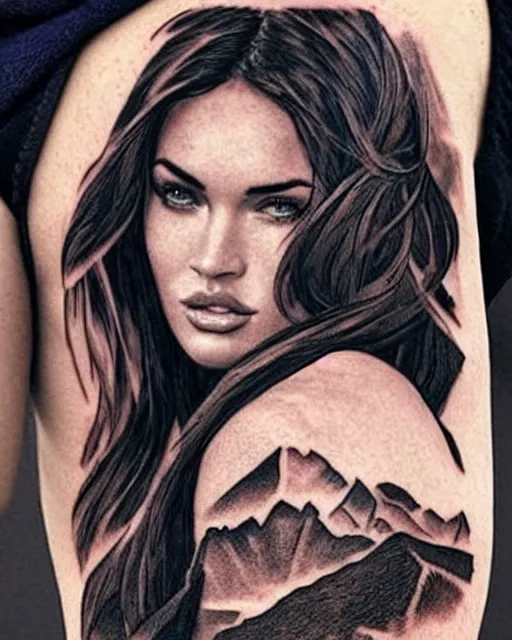 Image similar to creative double exposure effect tattoo design sketch of megan fox with beautiful mountains, realism tattoo, in the style of matteo pasqualin, amazing detail, sharp