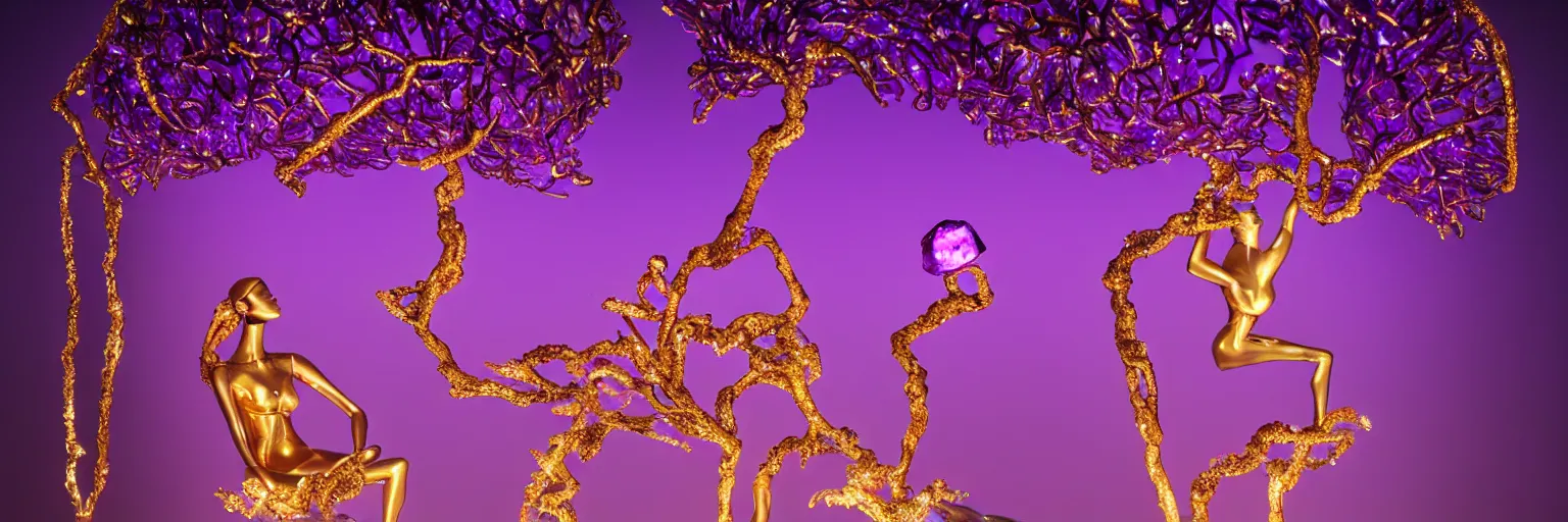 Image similar to beautiful mannequin sculpted out of amethyst by billelis + lit with geometric neon dripping gold + kintsugi, facing a doorway opening with neon pink geometric fractal light + flowering bonsai trees + lighting in background!!, transcendent, clean linework, dramatic, finely detailed, award winning, 4 k, trending on artstation, photorealistic, volumetric lighting, octane render