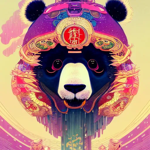 Image similar to a beautiful hyperdetailed character design 4 k wallpaper illustration of a cute panda with a chinese lion dance head victo ngai cyberpunk style, from china, style of studio ghibli, makoto shinkai, raphael lacoste, louis comfort tiffany, artgerm, james jean, ross tran, chinese style