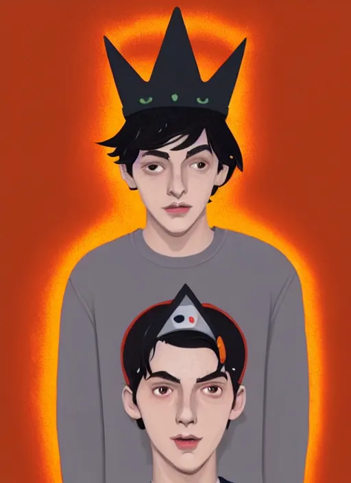 Image similar to portrait of teenage jughead jones wearing a light grey crown, symmetrical crown, sweater with picture of hamburger, eyes closed, crown, black hair, orange, intricate, elegant, glowing lights, warm lighting, highly detailed, digital painting, artstation, concept art, smooth, sharp focus, illustration, art by wlop, mars ravelo and greg rutkowski