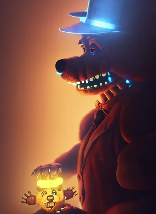 Image similar to freddy fazbear, intricate, elegant, glowing lights, highly detailed, digital painting, artstation, concept art, sharp focus, illustration, art by wlop, mars ravelo and greg rutkowski