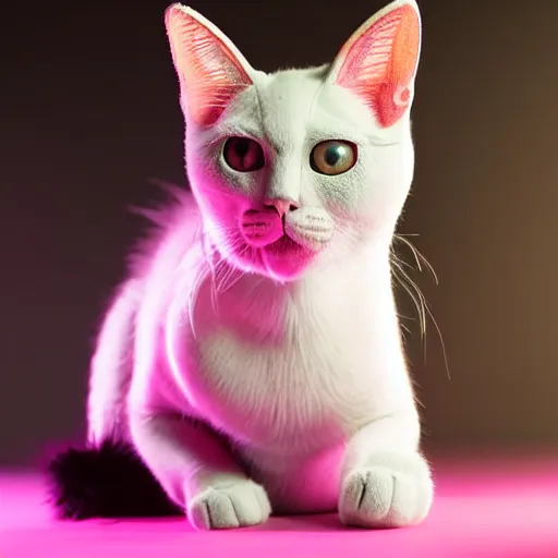 Prompt: cute pink cat fursuiter at a furry convention, realistic photograph, cinematic lens, studio lighting, indoors