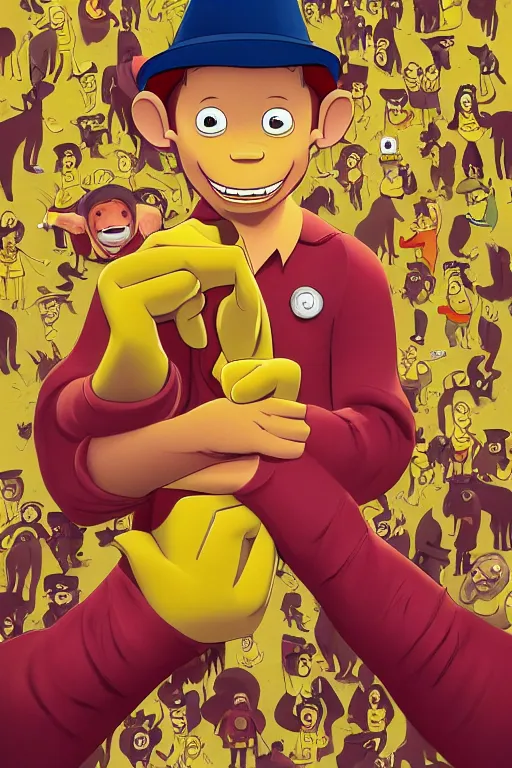 Image similar to the man in the yellow hat in curious george, full body, big two toned eyes, teeth gritted, horror, intricate details, cinematic, epic, realistic, anatomy, tomer hanuka, uplight, artstation, photorealistic, scary