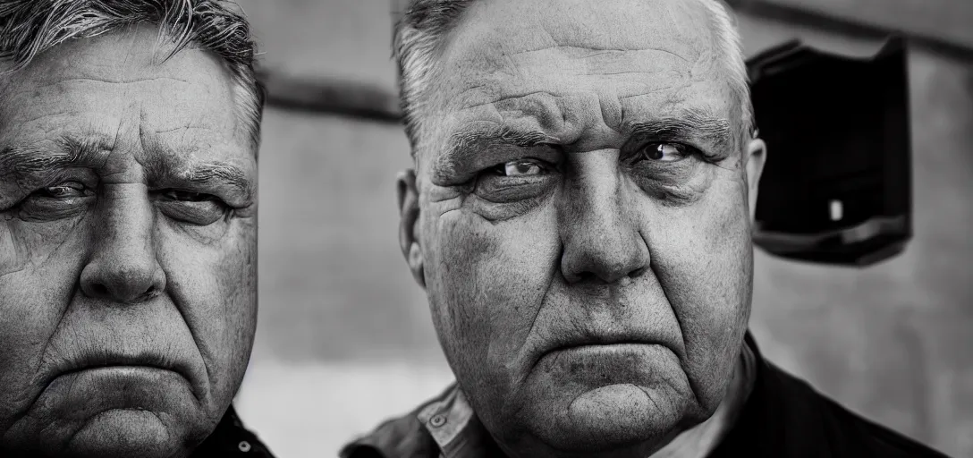 Prompt: High resolution black and white portrait with an 80mm F/4.4 lens of a fat 70 year old intelligence agent looking very serious with a face like he is guarding a secret