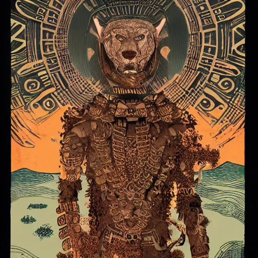 Image similar to illustration of mayan jaguar warrior, resolved, showing conviction or humor by a gloomy silence or reserve, by studio multi and victo ngai, malika favre, william s burroughs, cut up film