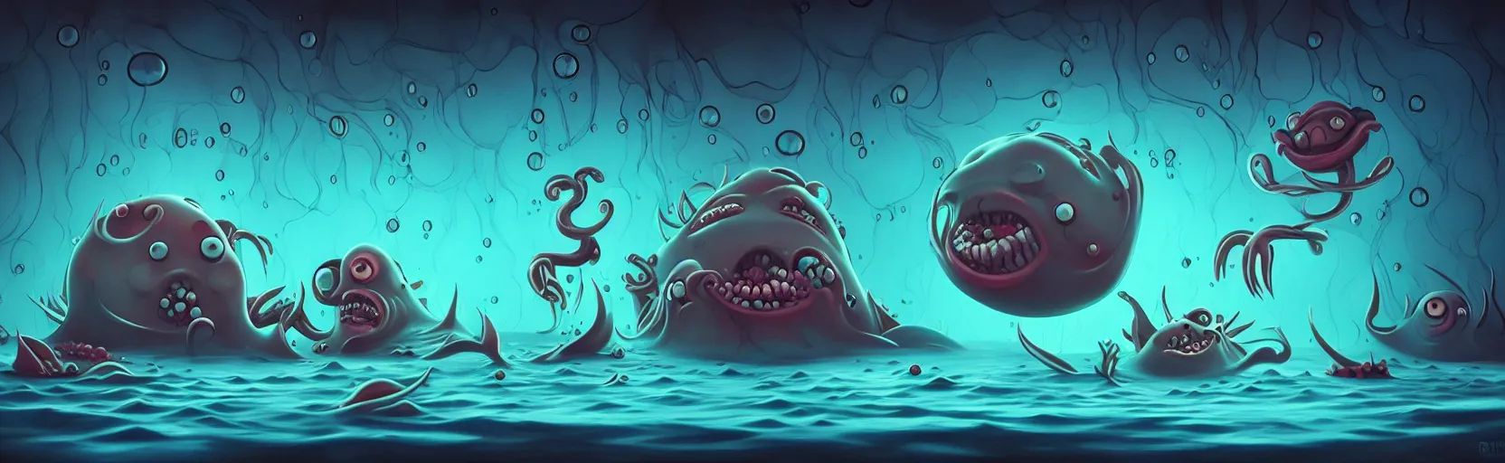 Prompt: wild whimsical watery mutants from the depths of deep sea of the unconscious, dramatic lighting, surreal fleischer cartoon characters, shallow dof, surreal painting by ronny khalil