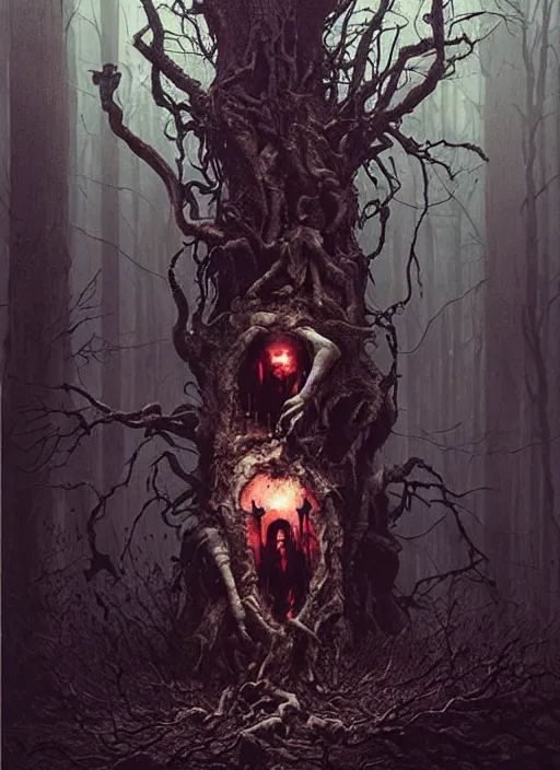 Image similar to highly detailed horror movie poster with angry creepy keanu reeves as a tree, keanu reeves faces in the bark of many trees sentient leafy catastrophe by greg rutkowski, masterpiece, really funny, 1 0 / 1 0 creepy